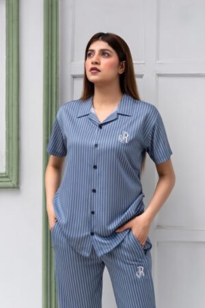 Gray Streak Button-Down Co-ord Set F